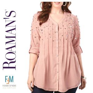 New! Roaman's Jeweled Pleated Front Tunic Blouse, 20W Plus Size
